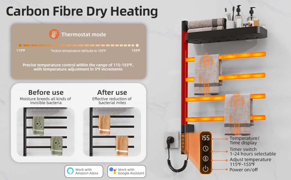 SIOYIE Smart Rotating Heated Towel Rack For Bathroom, Wall-Mounted Electric Towel Dryer With Swivel Bars & Shelf, Smart Timer, Low Carbon Steel, Plug-in/Hardwired, Towel Warmer With Wi-Fi App Control_voghion.com